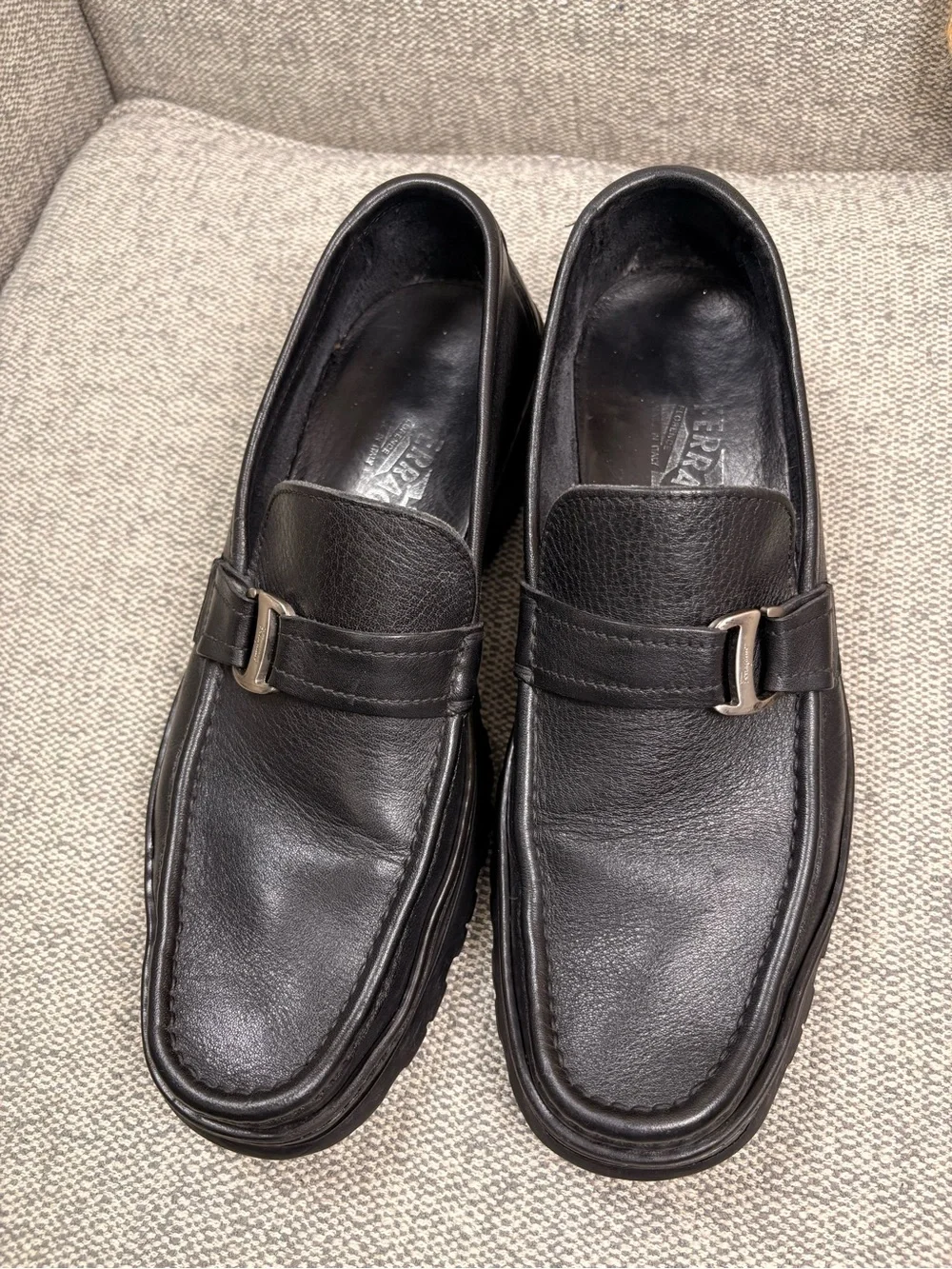 SALVATORE FERRAGAMO Men's Black Leather Slip-On Loafers with Buckle Detail